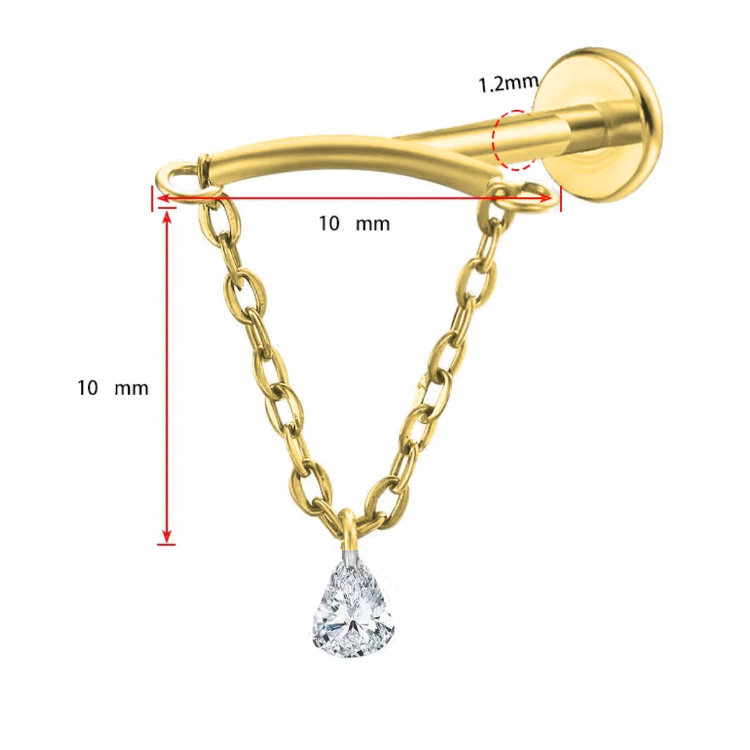 G23 Gold PVD Titanium Internally Threaded Hanging Pear Shape CZ Chain Labret