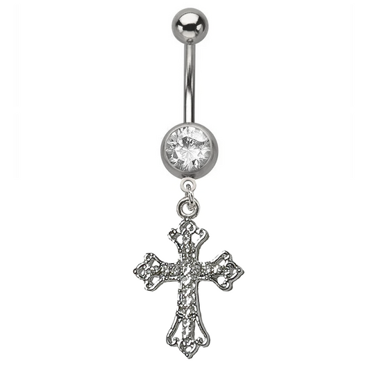Gothic Fancy Cross Paved CZ Dangle Belly Ring