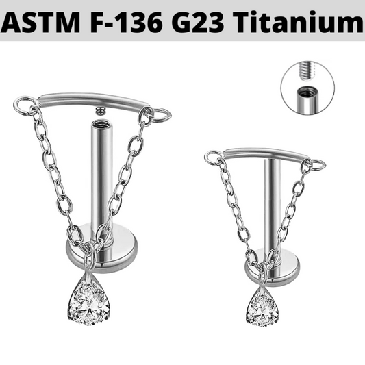 G23 Titanium Internally Threaded Hanging Pear Shape CZ Chain Labret