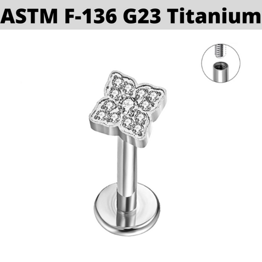 G23 Titanium Internally Threaded CZ Paved Clover Labret