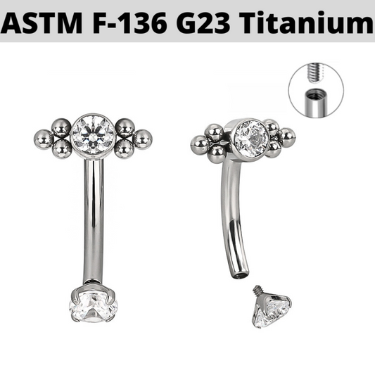 G23 Titanium Internally Threaded Beaded CZ Cluster Curved Barbell