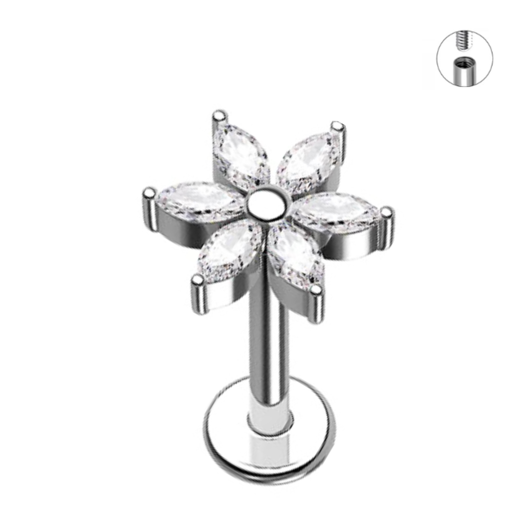 Internally Threaded Steel Marquise CZ Flower Tragus Labret