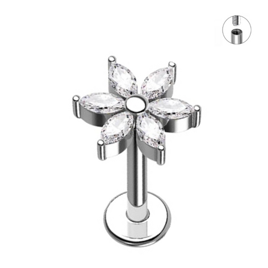Internally Threaded Steel Marquise CZ Flower Tragus Labret