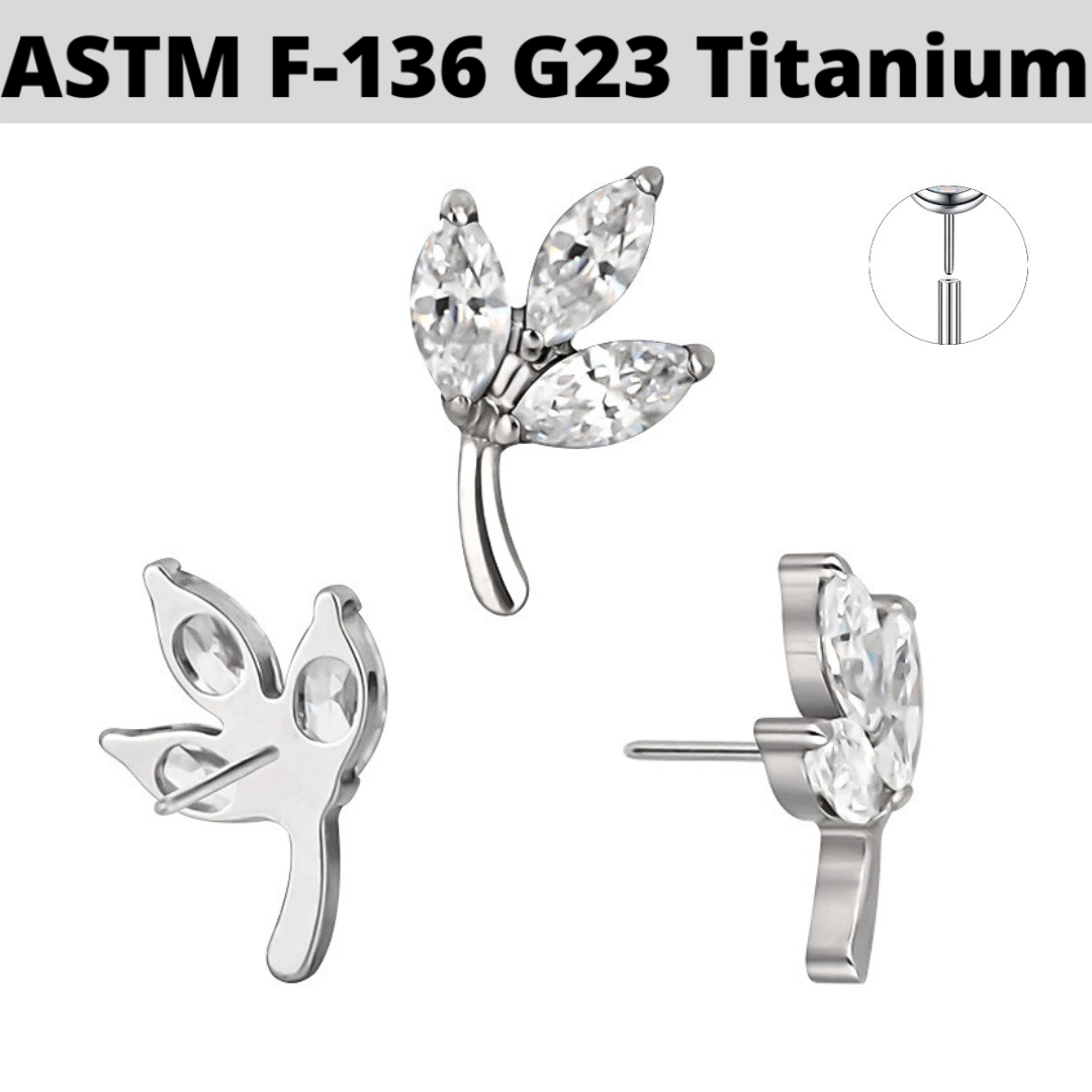 G23 Titanium Threadless Push In 3 Marquise CZ Leaf Top