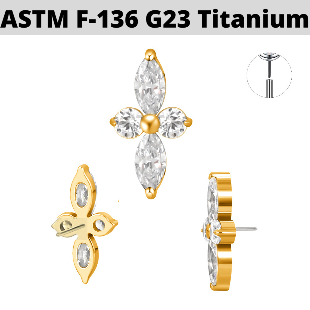 G23 Gold PVD Titanium Threadless Push In Marquise CZ Long Flower Top