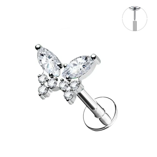Steel Threadless Push In Marquise Paved CZ Butterfly Tragus Labret