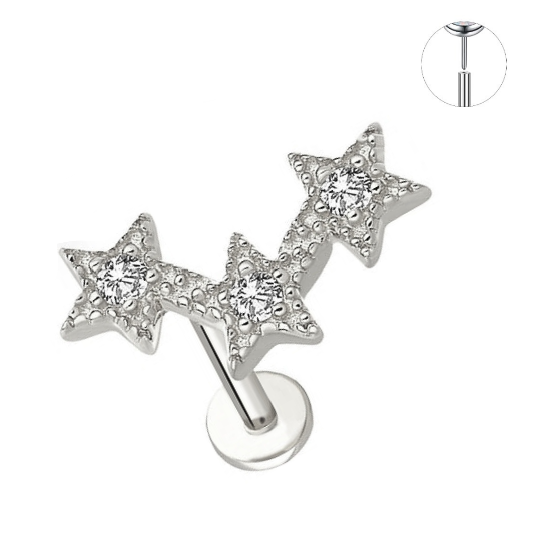 Steel Threadless Push In Triple CZ Stars Tragus Labret