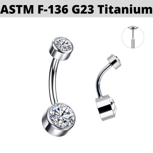 G23 Titanium Threadless Push In Double Flat CZ Belly Ring
