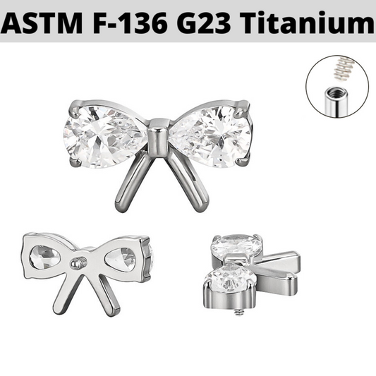 G23 Titanium Internally Threaded Pear CZ Ribbon Bow Top