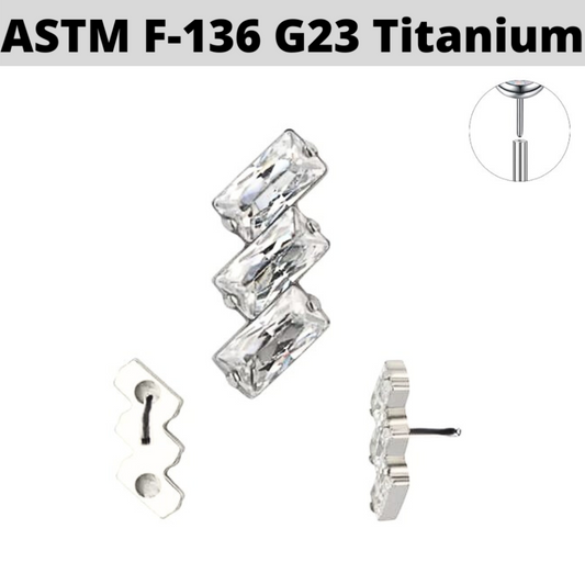 G23 Titanium Threadless Push In Triple Slanted Baguette CZ Top