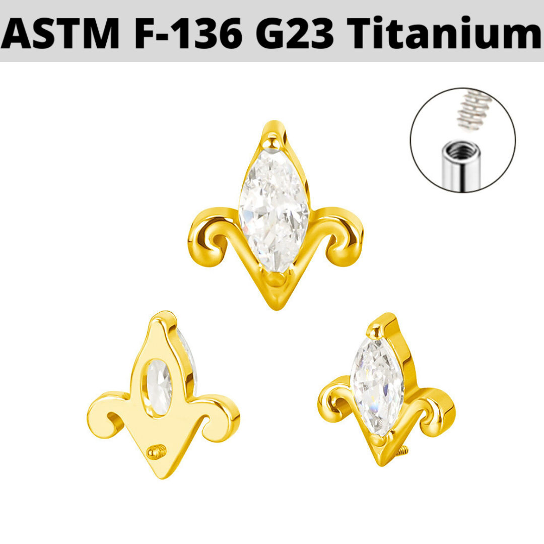 G23 Gold PVD Titanium Internally Threaded Marquise CZ Fleur De Lis Top