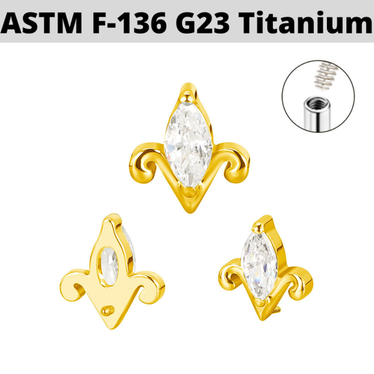 G23 Gold PVD Titanium Internally Threaded Marquise CZ Fleur De Lis Top