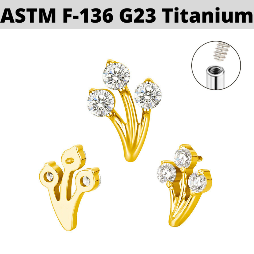 G23 Gold PVD Titanium Internally Threaded Triple CZ Bouquet Top