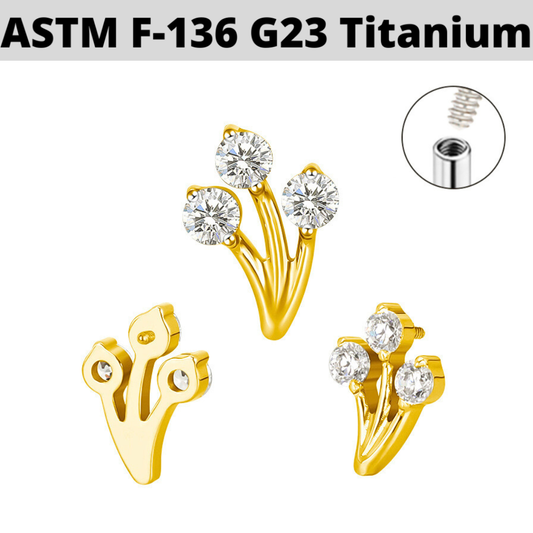 G23 Gold PVD Titanium Internally Threaded Triple CZ Bouquet Top