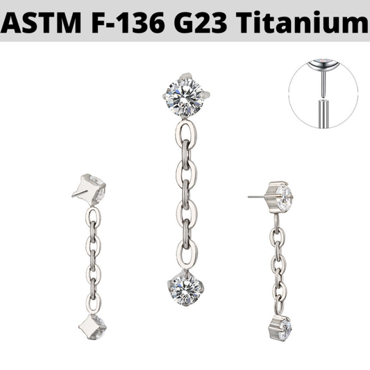 G23 Titanium Threadless Push In CZ Dangle Chain CZ Top