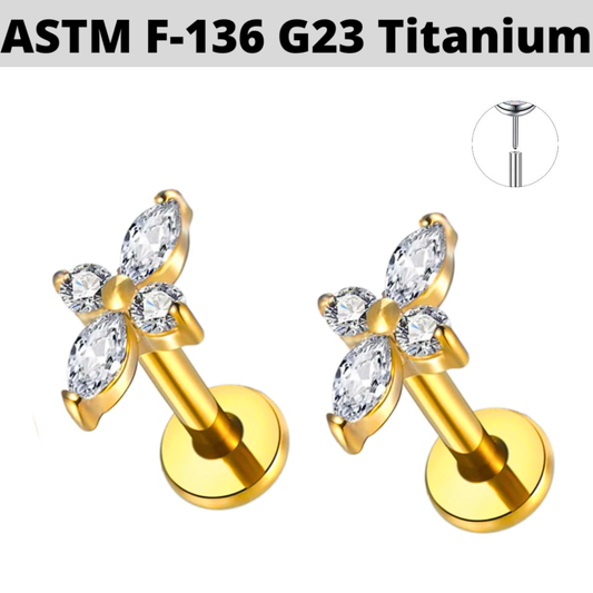 G23 Gold PVD Titanium Threadless Push In Marquise CZ Long Flower Labret