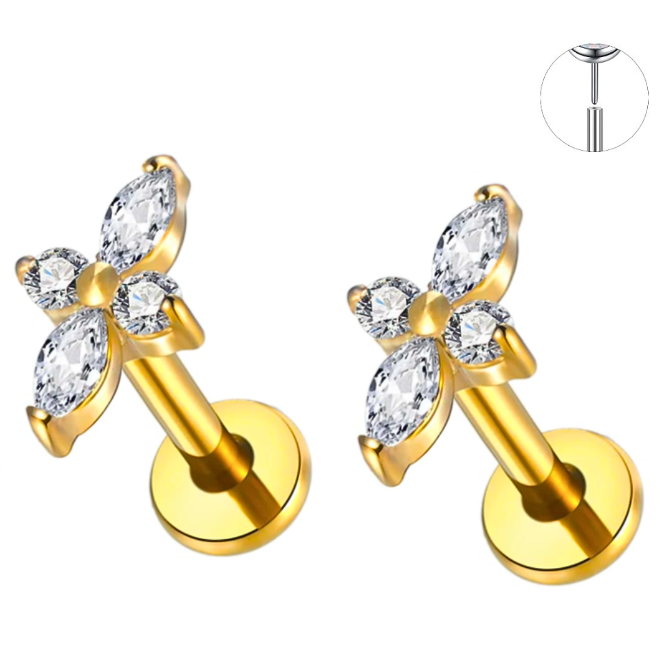 Gold Ion Plated Steel Threadless Push In Marquise CZ Long Flower Labret