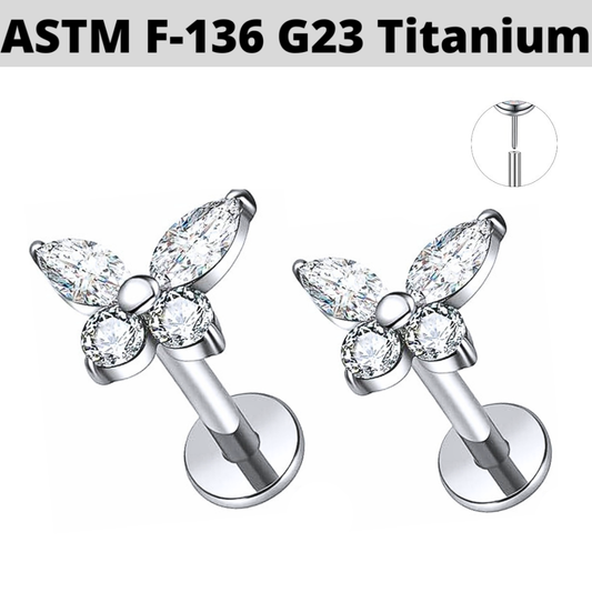 G23 Titanium Threadless Push In Marquise CZ Butterfly Labret