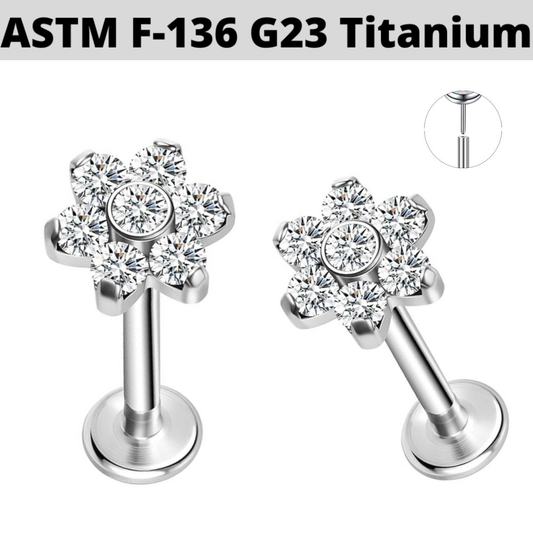 G23 Titanium Threadless Push In Bezel Set CZ Flower Labret