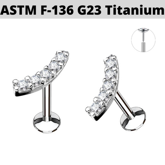 G23 Titanium Threadless Push In Curved Bar 5 CZ Tragus Labret