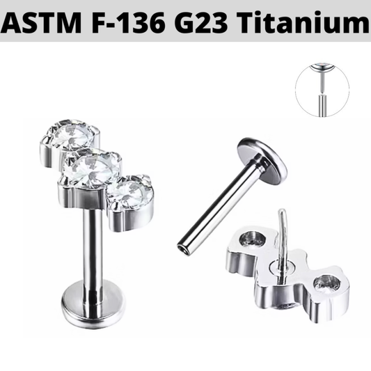 G23 Titanium Threadless Push In Curved Bar 3 CZ Tragus Labret