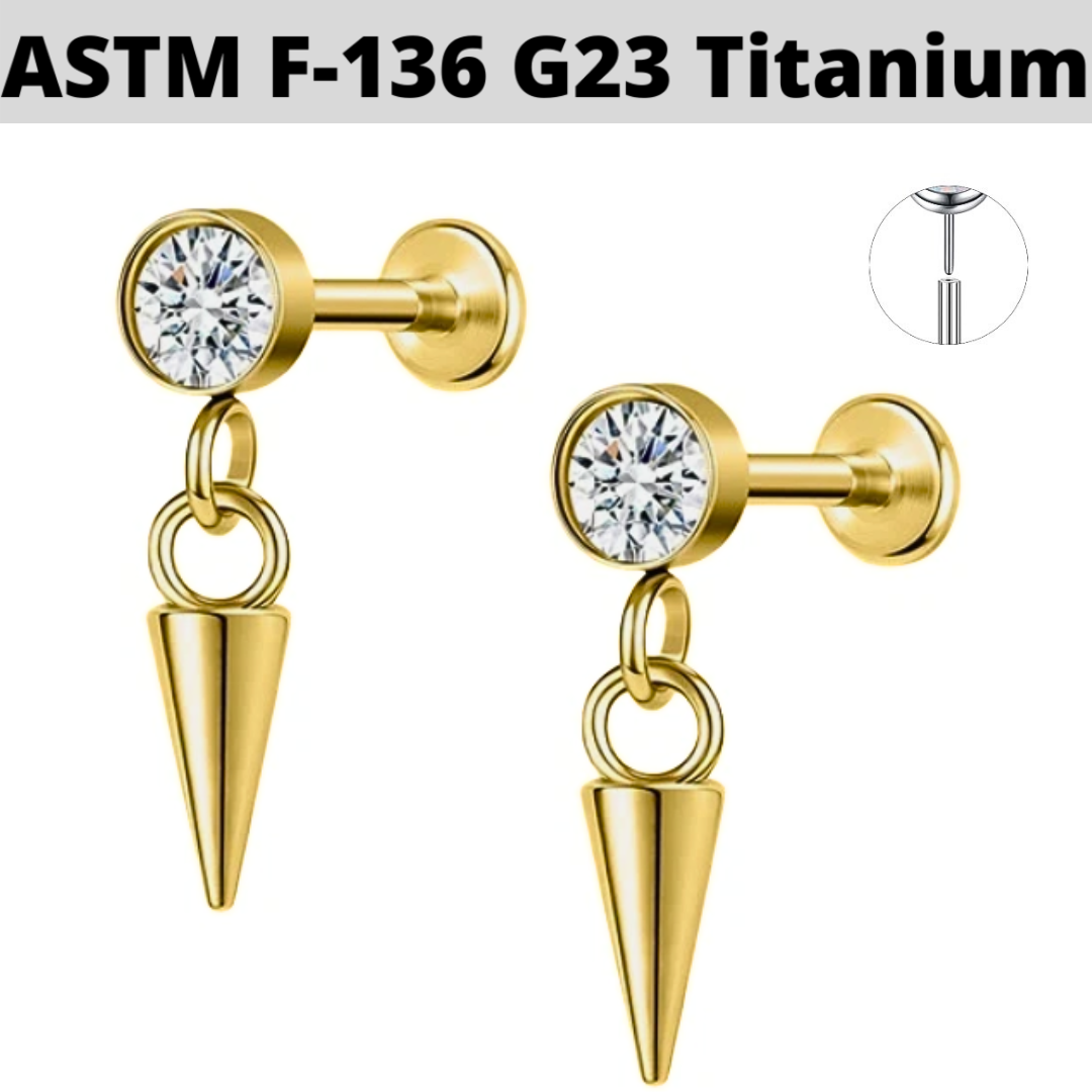 G23 Gold PVD Titanium Threadless Push In CZ Dangle Cone Labret