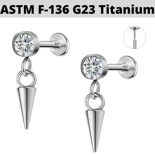 G23 Titanium Threadless Push In CZ Dangle Cone Labret