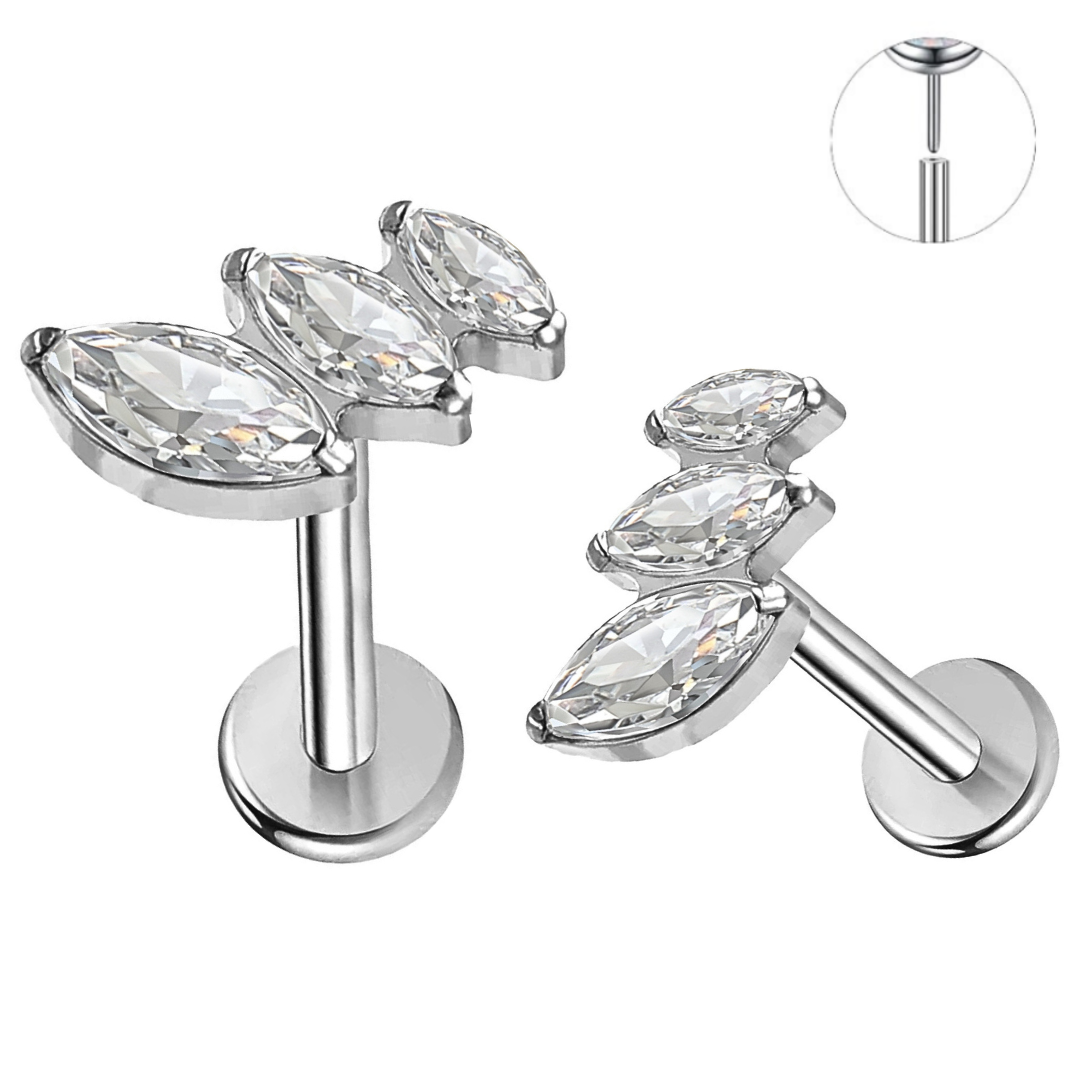 Steel Threadless Push In Triple Graduated Marquise CZ Labret