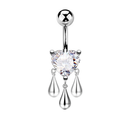 Heart CZ Dangle Triple Teardrops Belly Ring