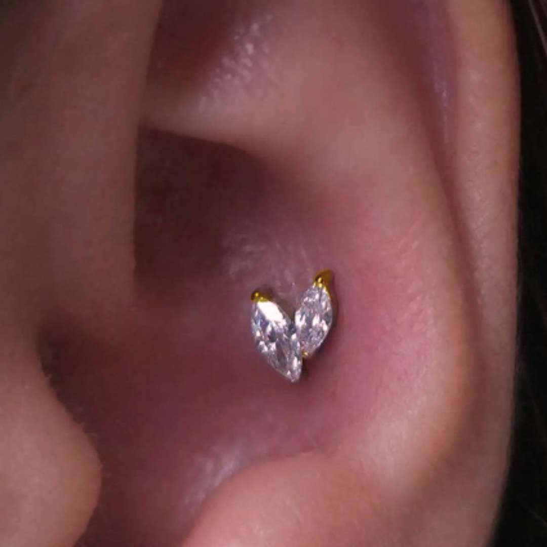 G23 Gold PVD Titanium Threadless Push In Twin Marquise CZ Labret