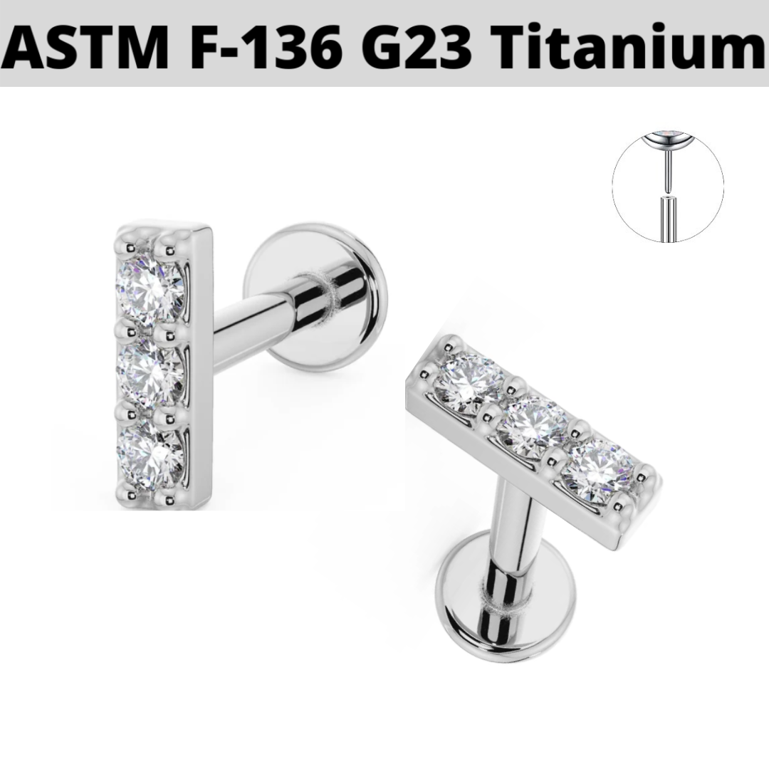 G23 Titanium Threadless Push In Triple CZ Bar Labret