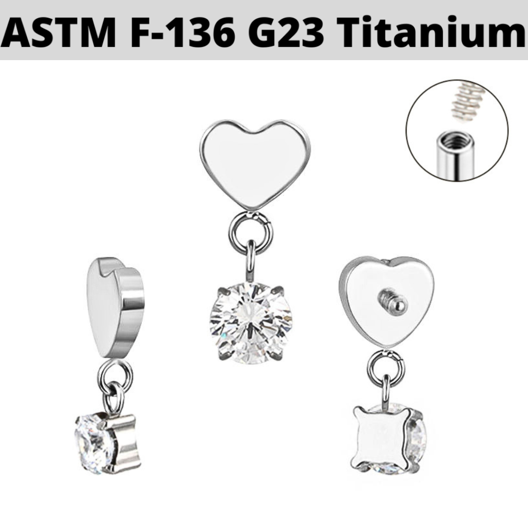 G23 Titanium Internally Threaded Heart Dangle CZ Top