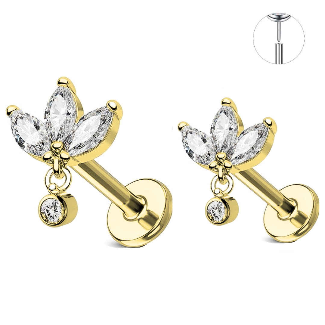 Gold Ion Plated Steel Threadless Push In 3 Marquise Fan Dangle CZ Labret