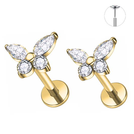 Gold Ion Plated Steel Threadless Push In Marquise CZ Butterfly Labret