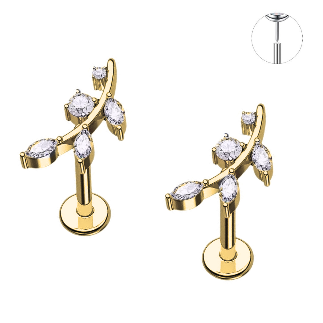 Gold Ion Plated Steel Threadless Push In 5 CZ Leaf Tragus Labret