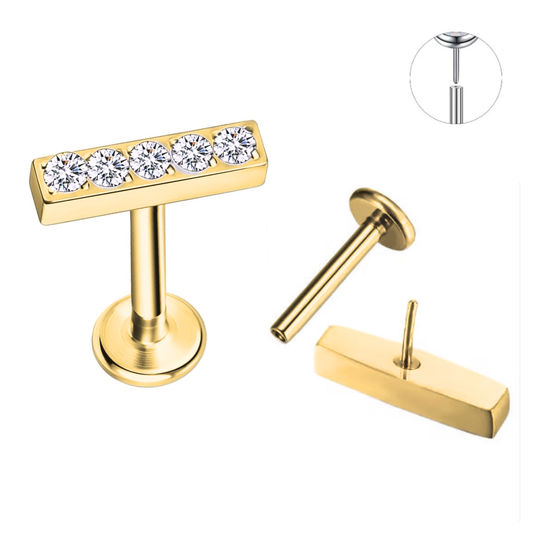 Gold Ion Plated Steel Threadless Push In 5 CZ Straight Bar Tragus Labret