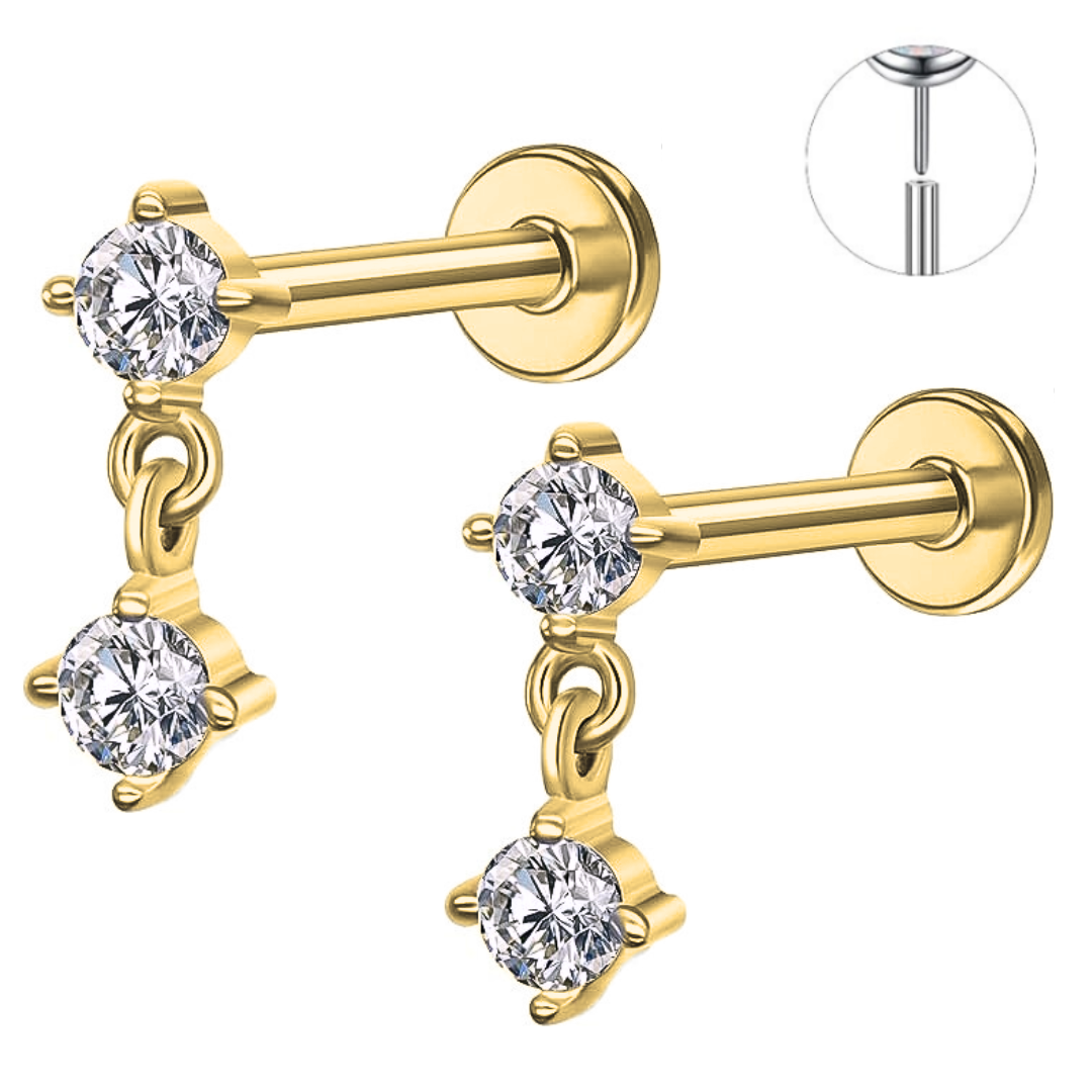 Gold Ion Plated Steel Threadless Push In CZ Dangle CZ Labret