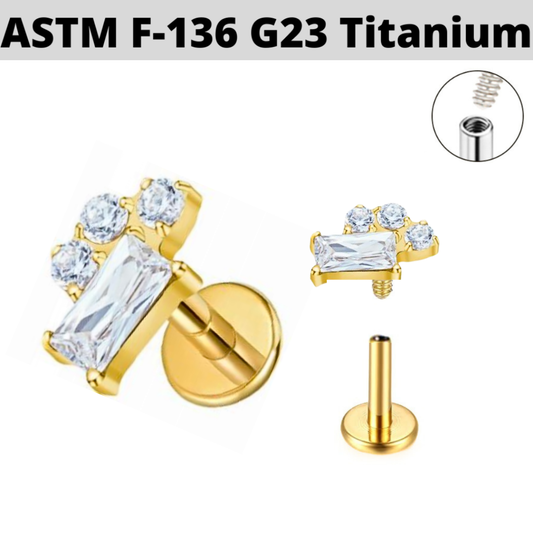 G23 Gold PVD Titanium Internally Threaded Baguette Triple CZ Labret
