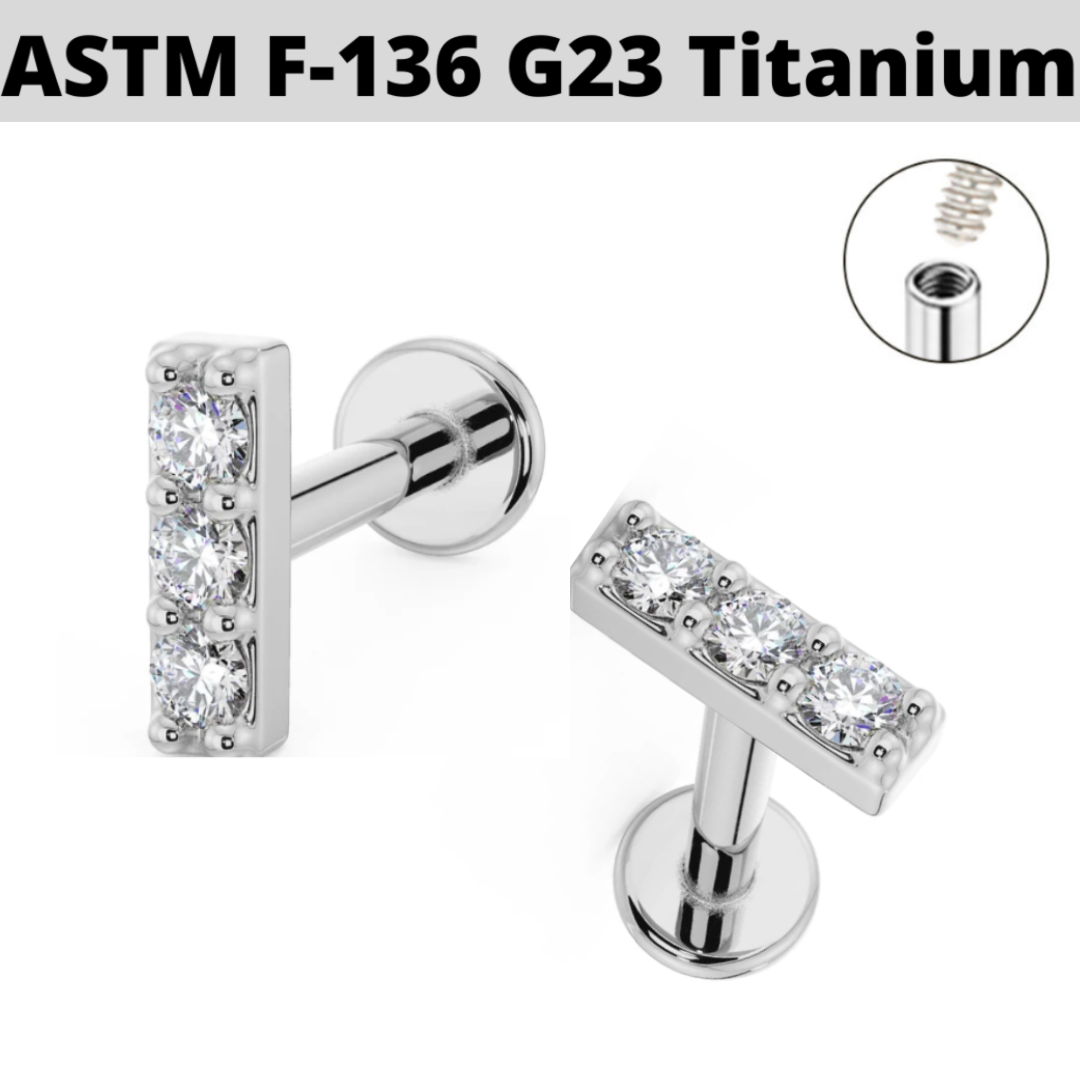 G23 Titanium Internally Threaded Triple CZ Bar Labret