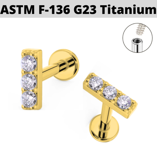 G23 Gold PVD Titanium Internally Threaded Triple CZ Bar Labret