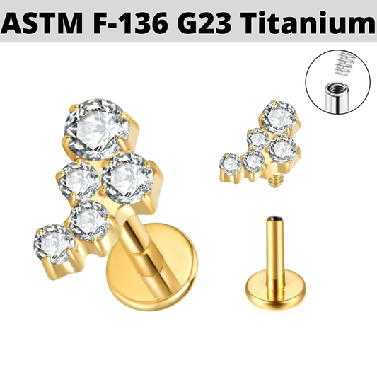 G23 Gold PVD Titanium Internally Threaded 5 CZ Design Labret