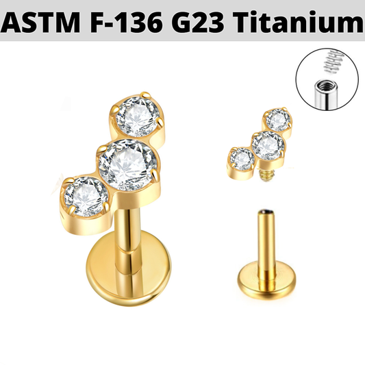 G23 Gold PVD Titanium Internally Threaded Prong Set 3 CZ Cluster Labret