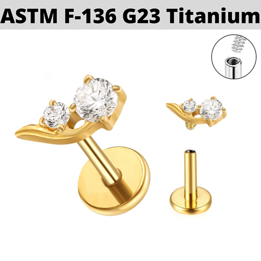 G23 Gold PVD Titanium Internally Threaded 2 CZ Floral Labret
