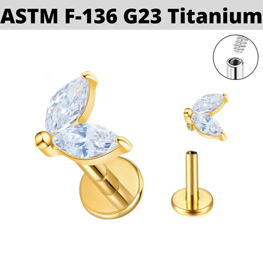 G23 Gold PVD Titanium Internally Threaded 2 Marquise CZ Labret