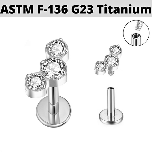 G23 Titanium Internally Threaded Prong Set 3 CZ Cluster Labret