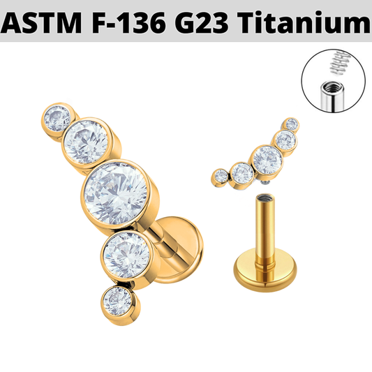 G23 Gold PVD Titanium Internally Threaded 5 CZ Cluster Tragus Labret