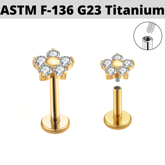 G23 Gold PVD Titanium Internally Threaded 5 CZ Petal Flower Labret