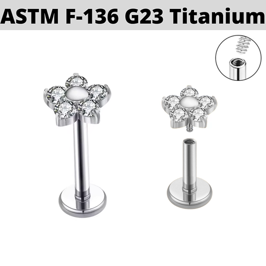 G23 Titanium Internally Threaded 5 CZ Petal Flower Labret