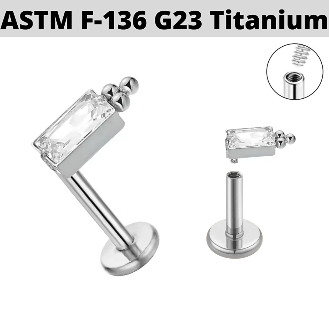 G23 Titanium Internally Threaded Beaded Baguette CZ Labret