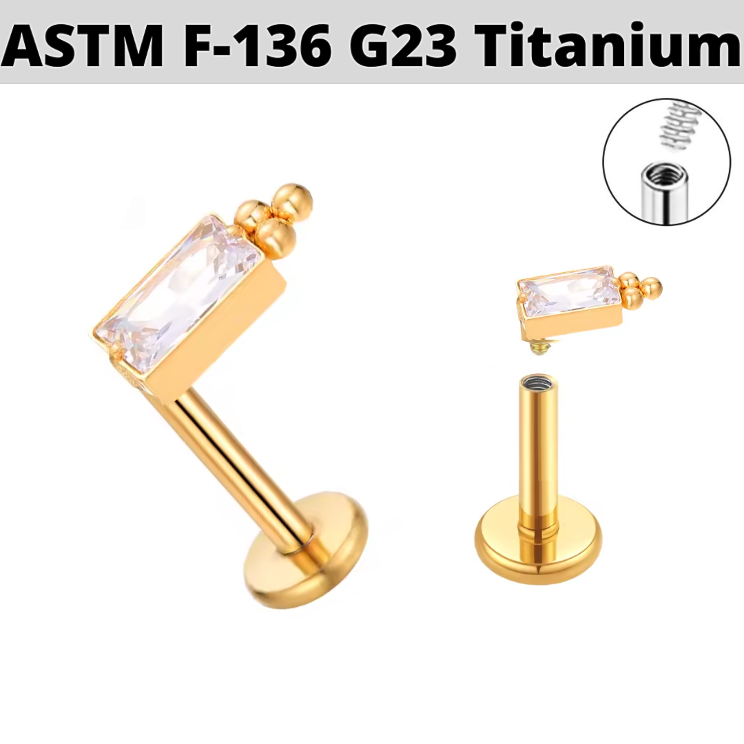 G23 Gold PVD Titanium Internally Threaded Beaded Baguette CZ Labret